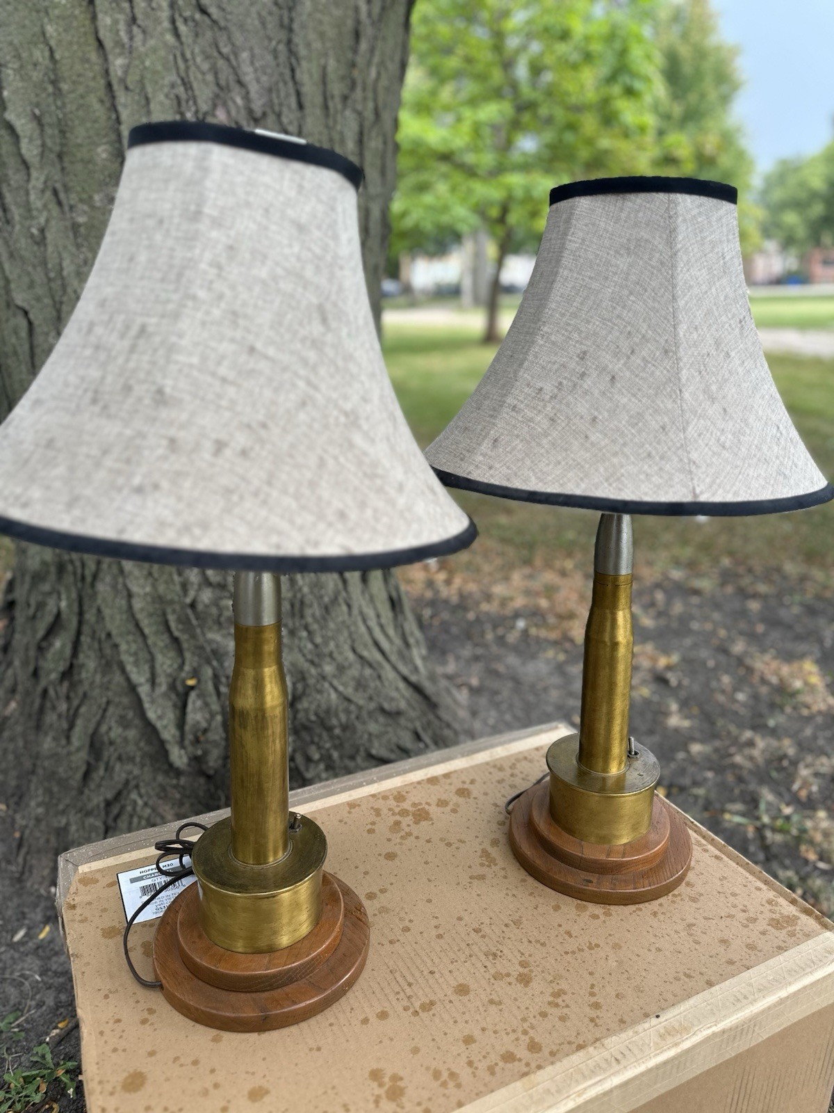 Pair Vintage Brass Shell Casing Table Trench Lamps Wood Base MCM Military