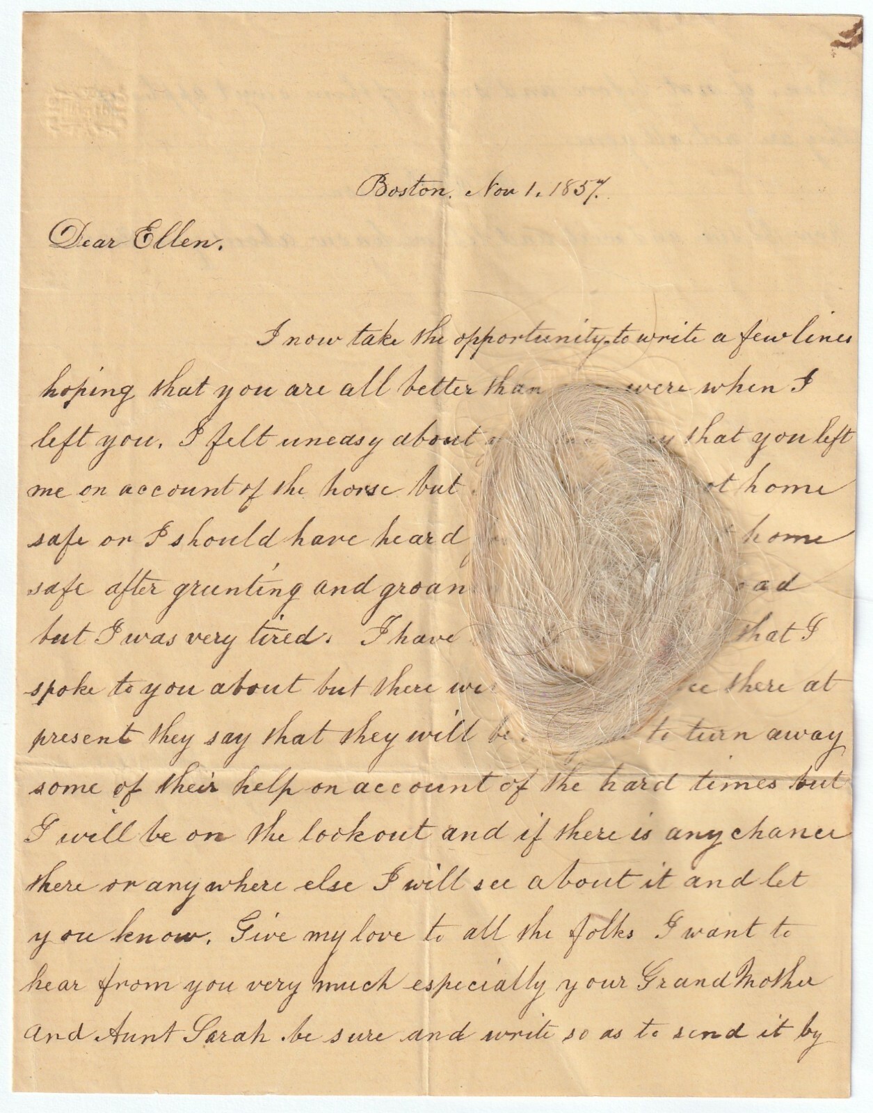 Autograph Letter Signed - with Blonde Lock of Hair ER Davison Boston MA 1857 ALS