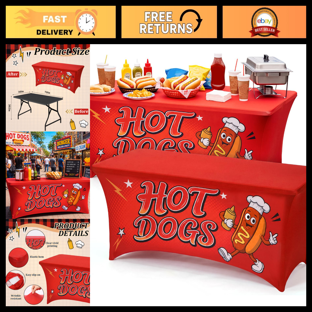 Frienda 2 Pcs 6 ft Hot Dogs Tablecloth Hotdogs Stretch Spandex Table Cover