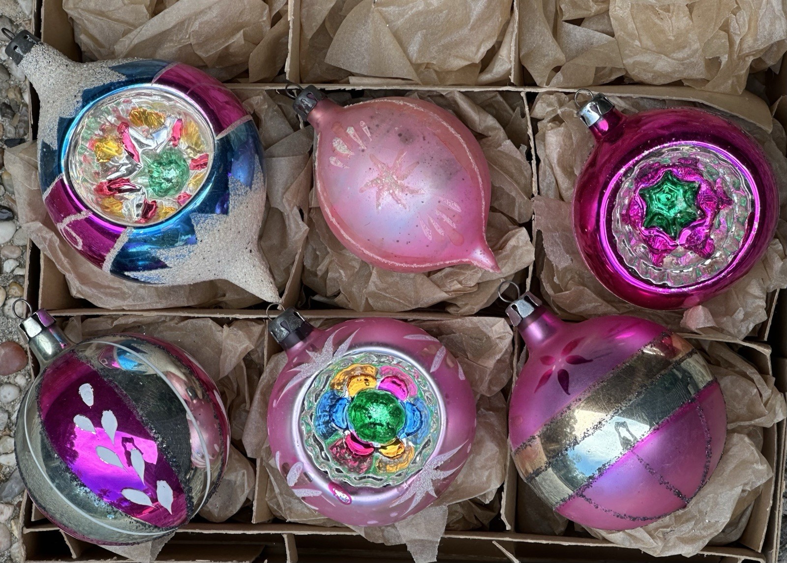 Vintage Poland Floral Stencil Indent Reflector Glass Ornaments