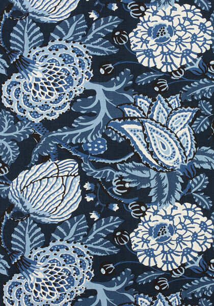 Thibaut Large Scale Floral Linen Print Fabric- Mitford / Navy REMNANT 20\
