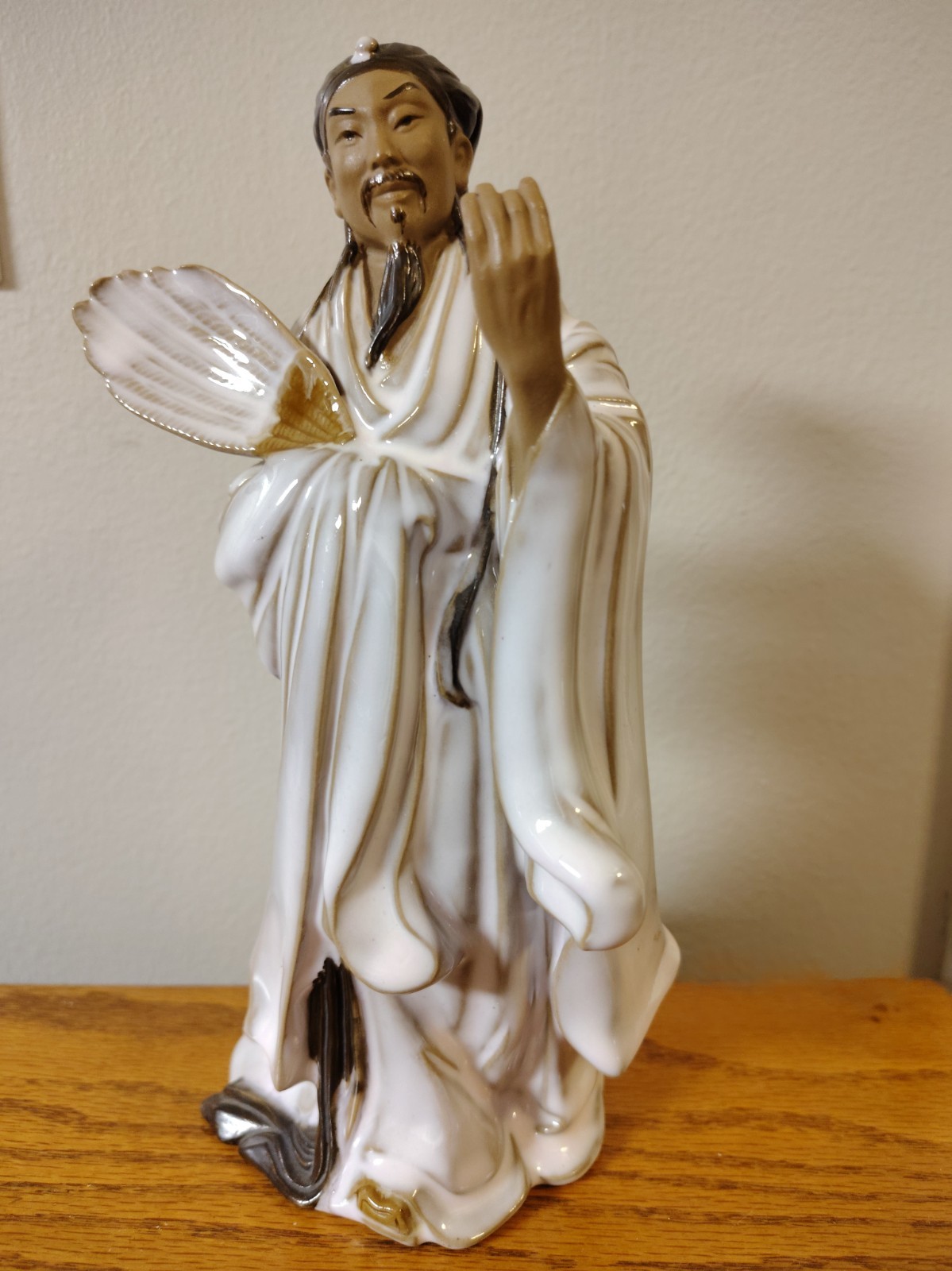 Vintage Chinese Porcelain Wise Man Figurine Zhuge Liang Scholar Statue Fan 