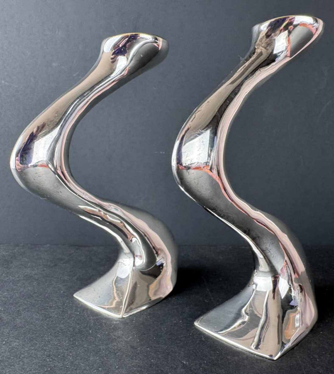 Pair Designer Signed Vintage Silver Plate MCM Zig Zag Candlesticks Candle Holder