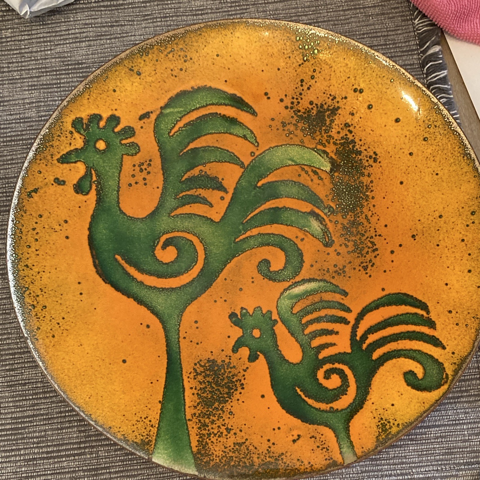 Vintage Enamel And Copper 10 Inch Bowl, Green And Orange￼ Mid-Century Roosters