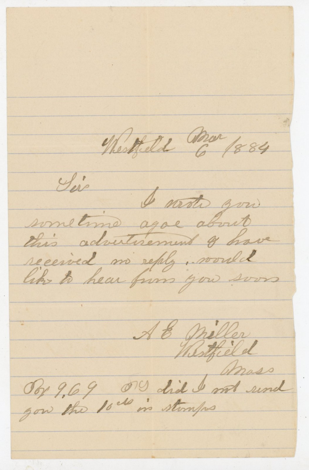Antique 1884 Handwritten Letter Westfield Mass A E Miller Cursive Ephemera