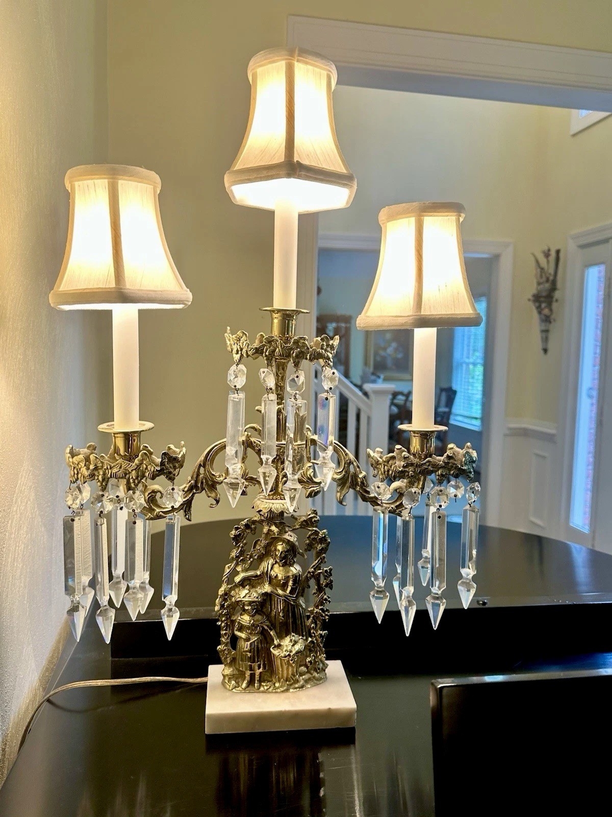 Antique Victorian 3-Light Girandole Lamp Brass Marble Rare Updated Electric Mint