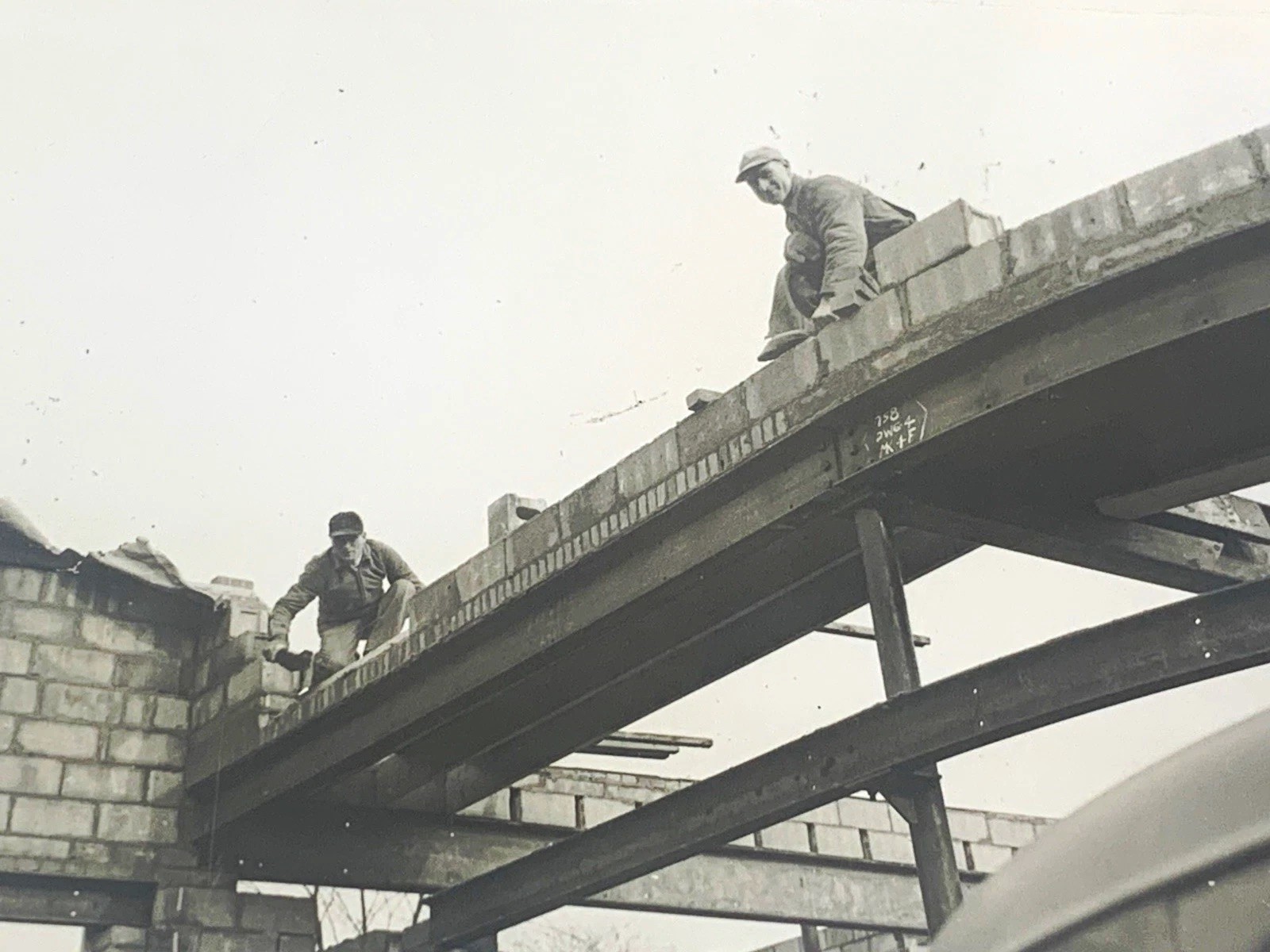 Vtg B&W Snapshot Phot steel bridge Dec 1945 masonry bricklaying labor industry