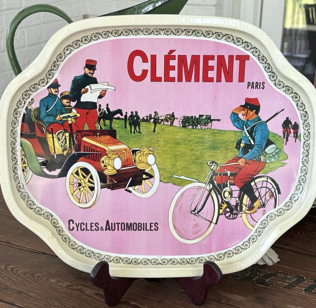 Vintage Clement Paris Cycles & Automobile France Pink Tin Tray 16\