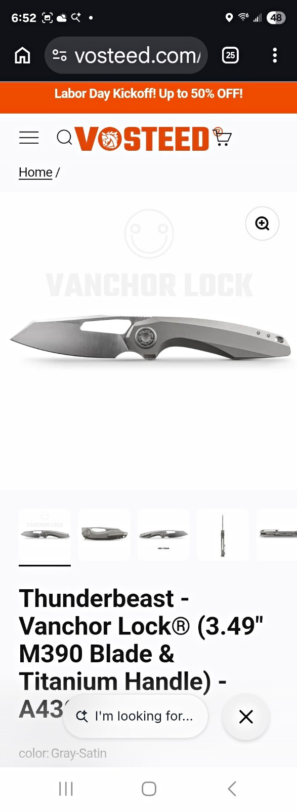 Vosteed Thunderbeast Pocketknife M390 Tanto Plain Vanchor Lock Ti Gray Clip