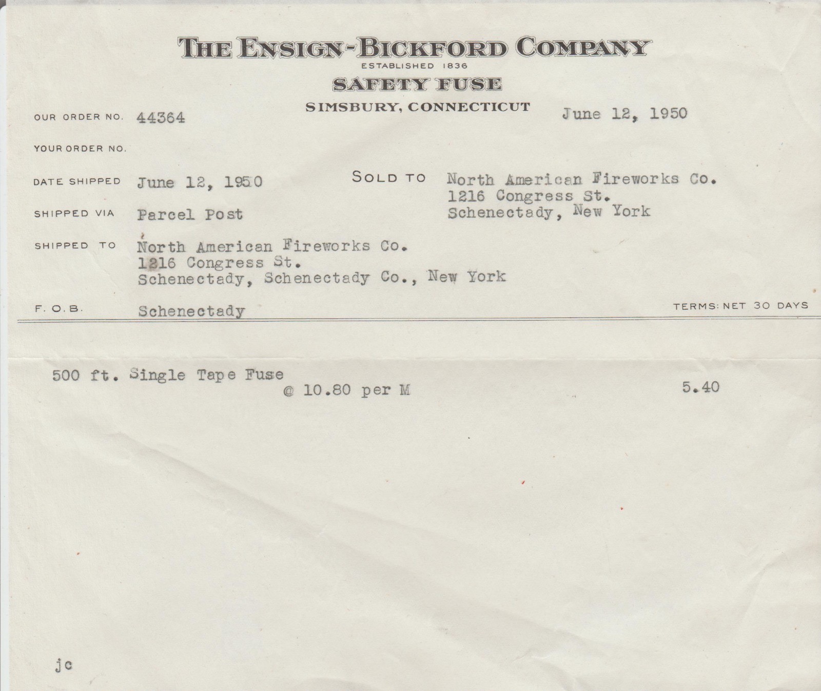 Vintage 1950 Ensign - Bickford Safety Fuse Simsbury, CT  Invoice Fireworks
