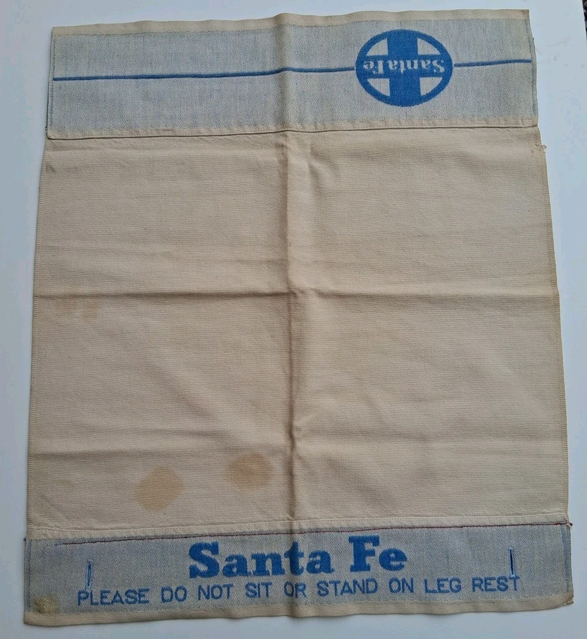 Vintage Santa Fe Railroad Cloth Headrest Cover Antimacassar Coach Leg Rest Sign