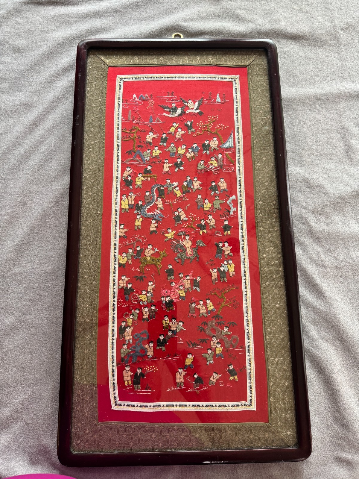 “Hundred Children Scene” Chinese Hand-Embroidered Silk Panel/Frame