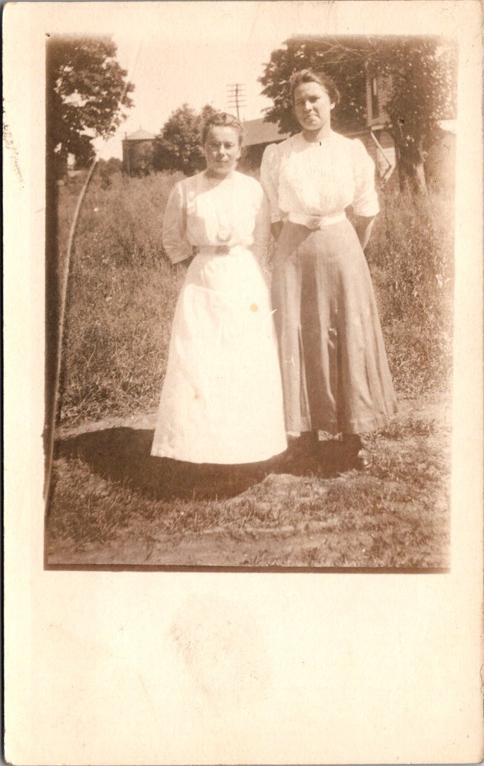 Two Young Women Posing Outdoors Full Length Rural Scene Postcard Real Photo RPPC