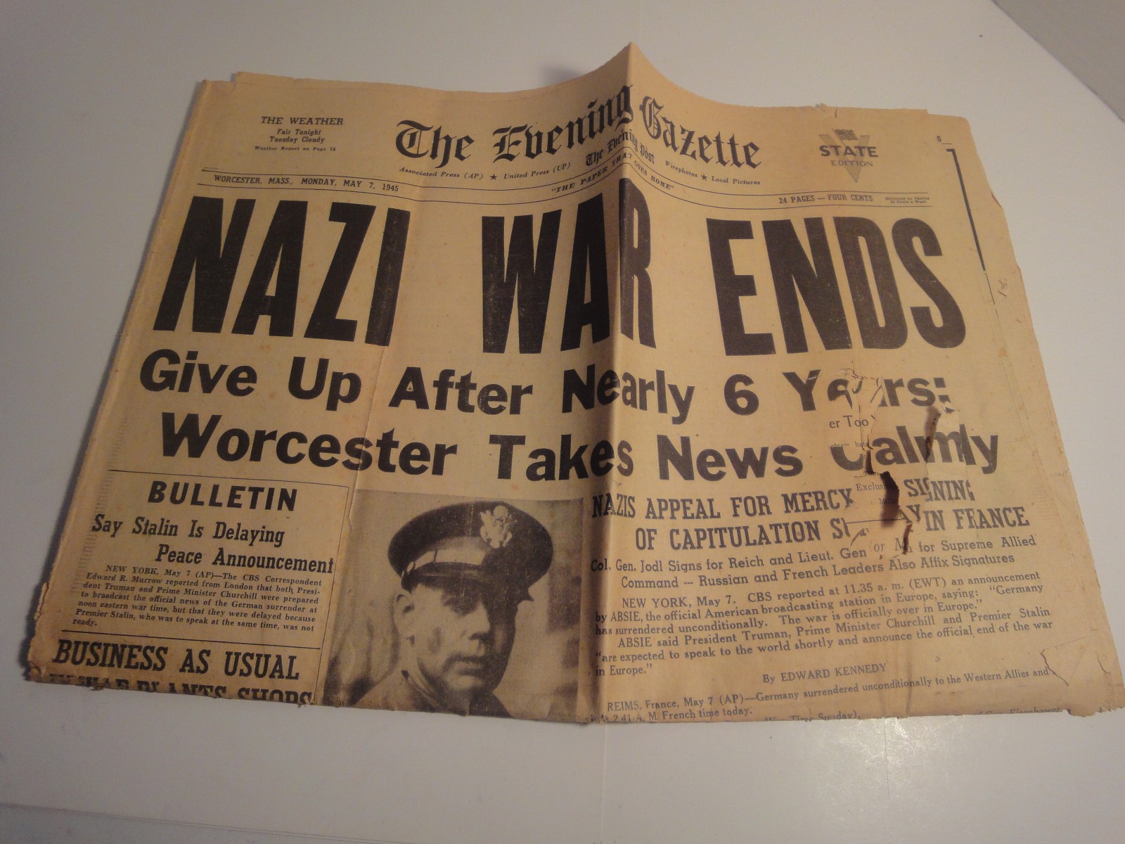 1945 The Evening Gazette Worcester Mass Newspaper Nazi War Ends Ephemera AD's