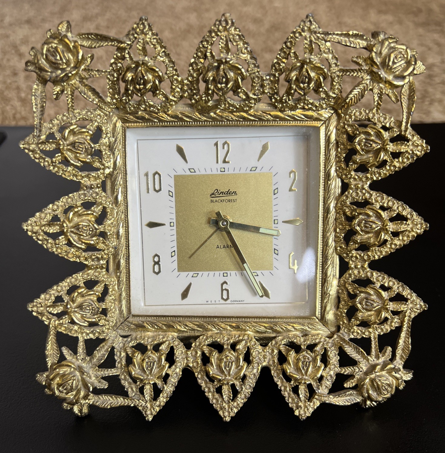 Vintage Linden Black Forest West Germany Brass Filigree Rose Alarm Clock Tested
