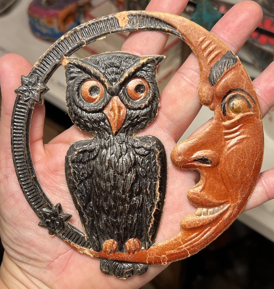 Antique German 1910’s-20’s Halloween Embossed Die Cut Owl Crescent Man in Moon