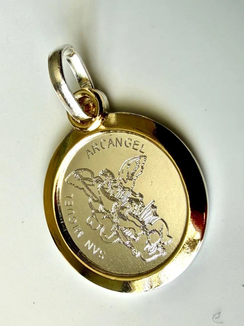 St Michael Archangel  Medal Pendant, Sterling Silver, 18k Gold plated