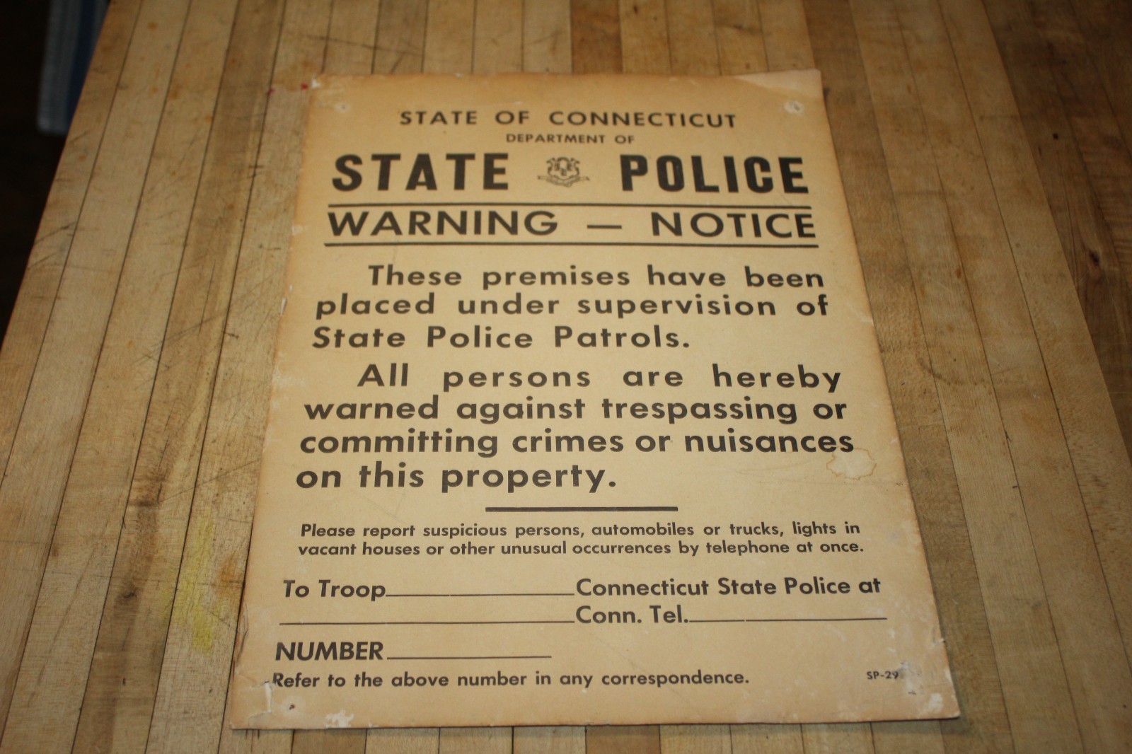 Antique Vintage  Connecticut State POLICE Warning Notice Sign Plaque