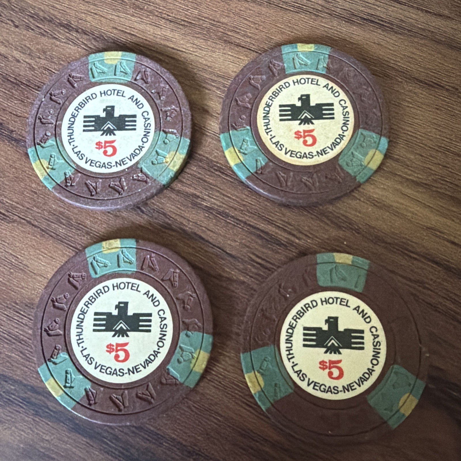Lot of 4 Vintage 1973 Thunderbird Hotel Casino $5 Poker Chips Las Vegas NV HHR
