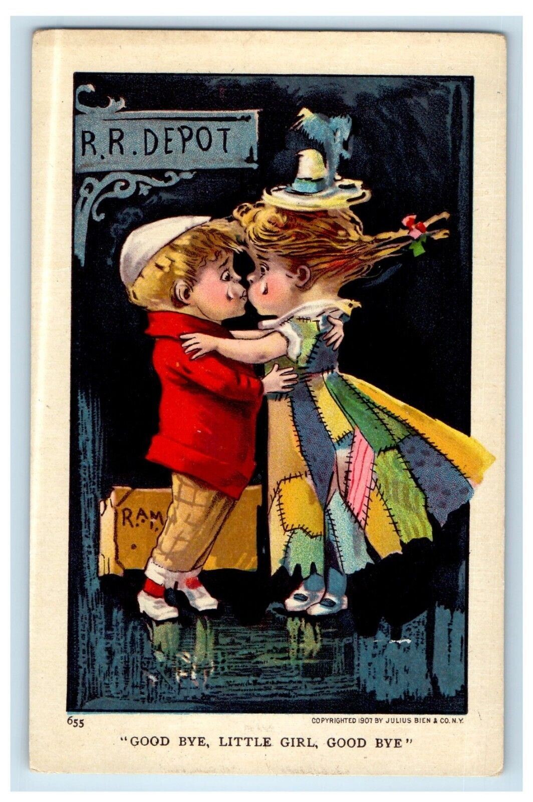 c1910\'s R.R Depot Little Girl And Boy Kissing Good Bye Unposted Antique Postcard