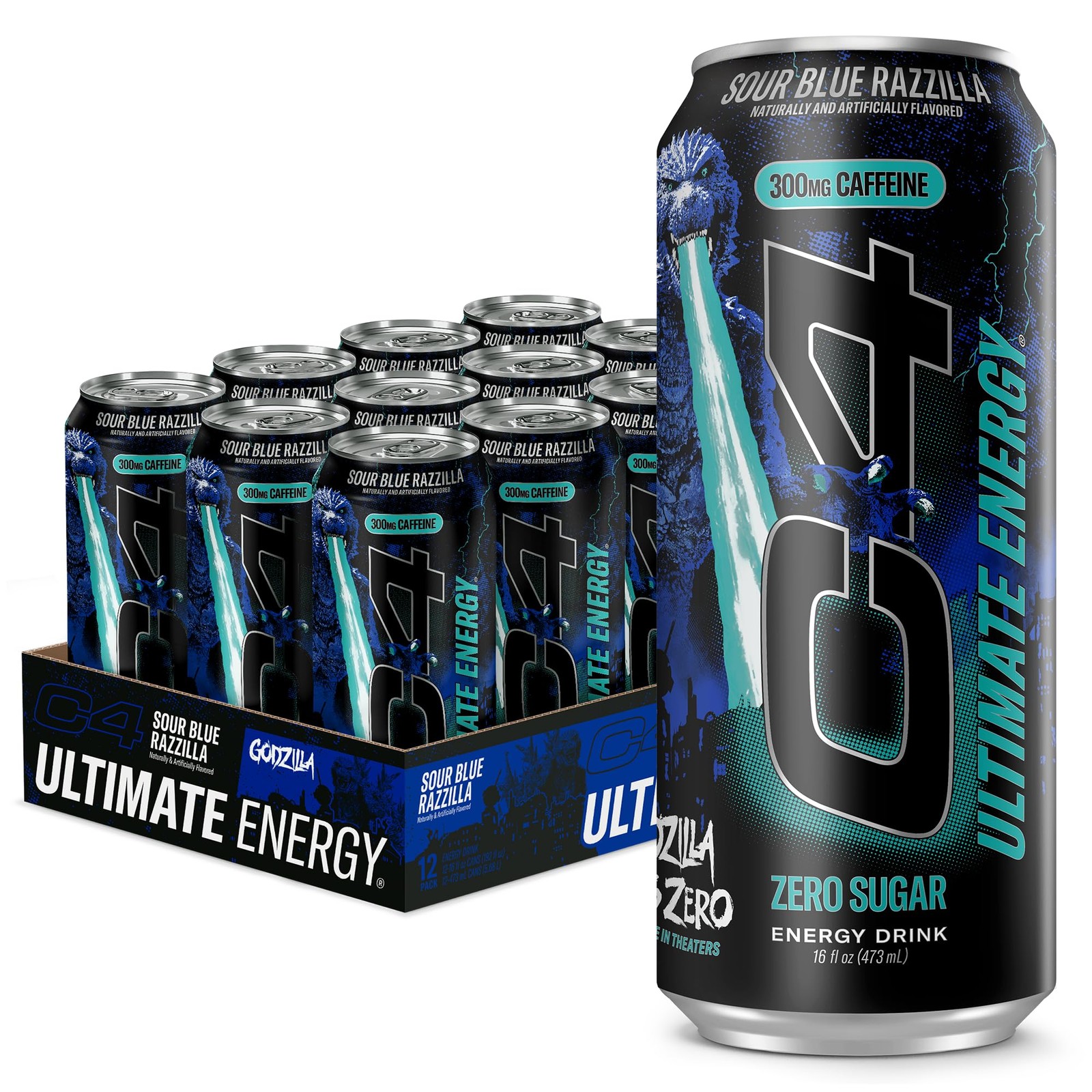 C4 Ultimate Energy Drink, Zero Sugar, Sour Blue 16 Fl Oz (Pack of 12)
