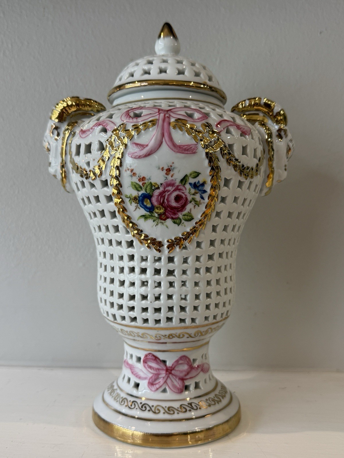 Vintage Porcelain Reticulated Urn Vase Floral Rose Gold Gilt KPM Mark