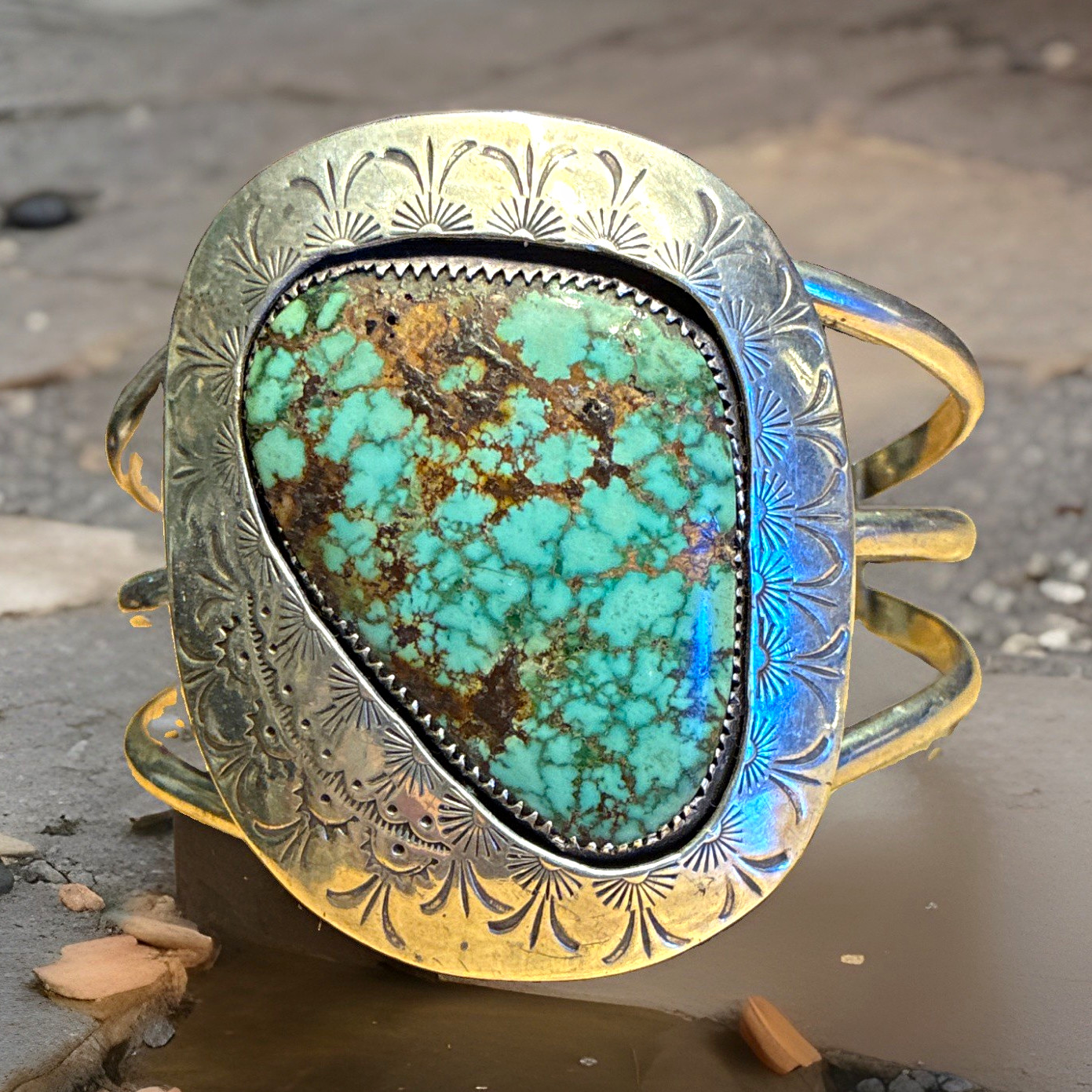 Vintage Navajo Sterling Silver Turquoise Stamped Handmade Cuff Bracelet