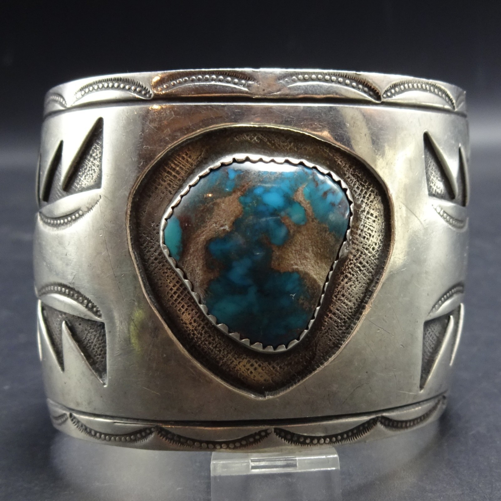 Vintage Navajo K. BEGAY Sterling Silver Overlay BISBEE TURQUOISE Cuff BRACELET