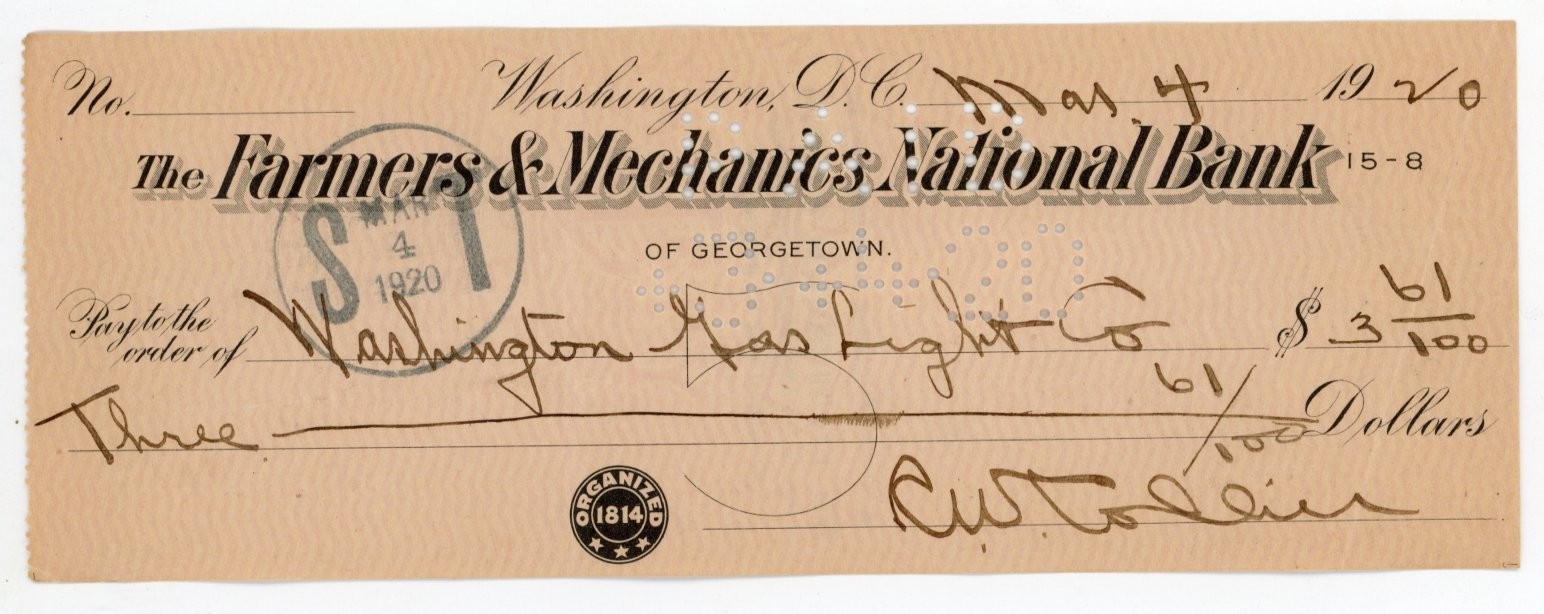 1920 Farmers & Mechanics National Bank Check Georgetown Washington DC Gas Light