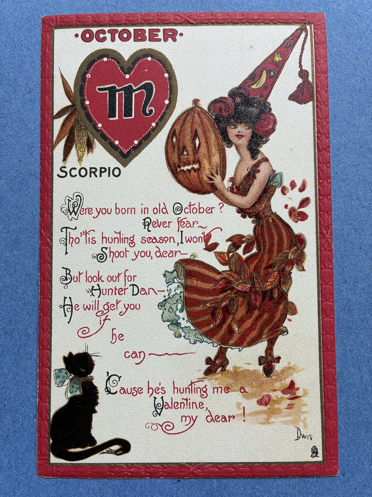 Vtg Tuck 128 Zodiac Postcard A/S Dwig October Scorpio Halloween Cat Witch UNUSED