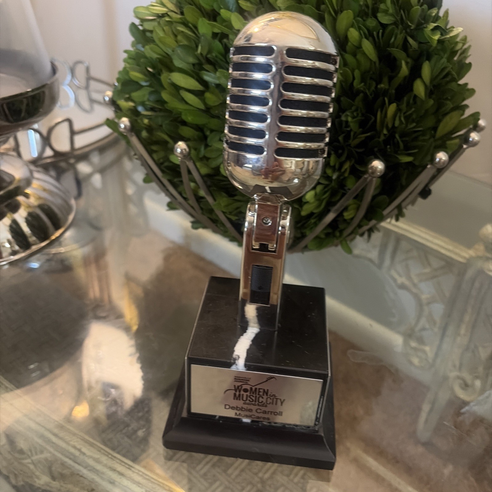 Chrome, microphone award women in music city awards Debbie Caroll 