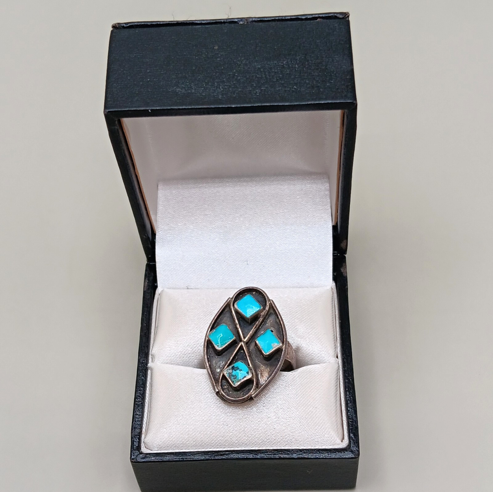 Vintage Native American Zuni Silver Sterling Diamond Turquoise Inlay Ring 5 3/4
