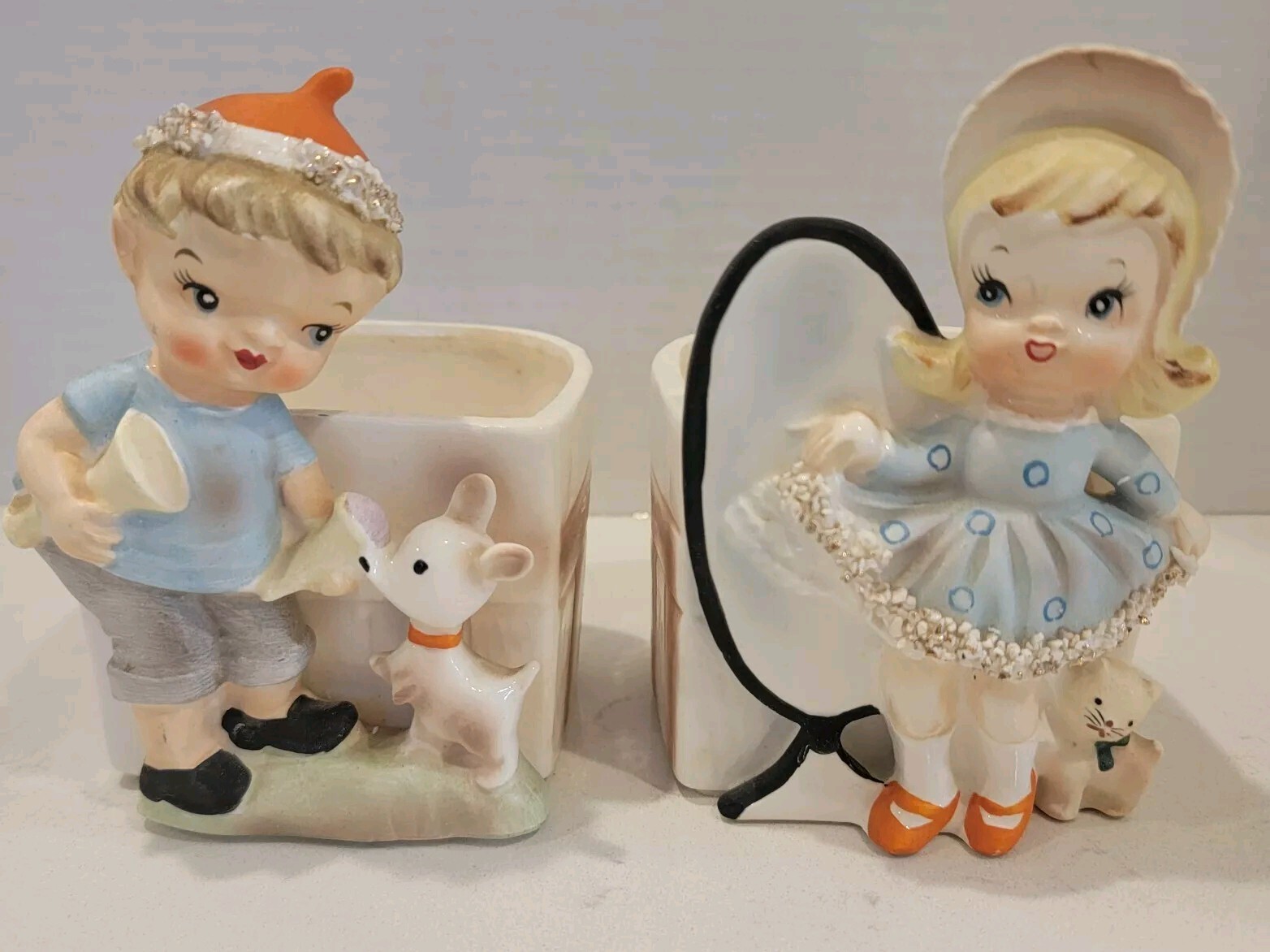 Relpo Samson Import 1961 Boy w/puppy & Girl W/kitten 1961 Figurine Planters, Vtg