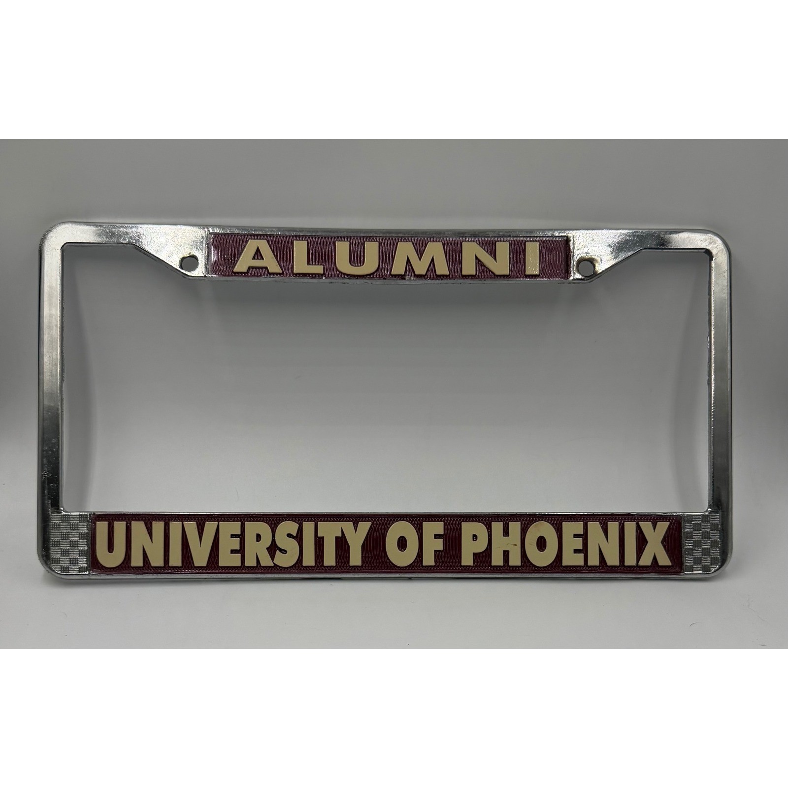 Vintage University of Phoenix Alumni License Plate Frame Chrome Metal