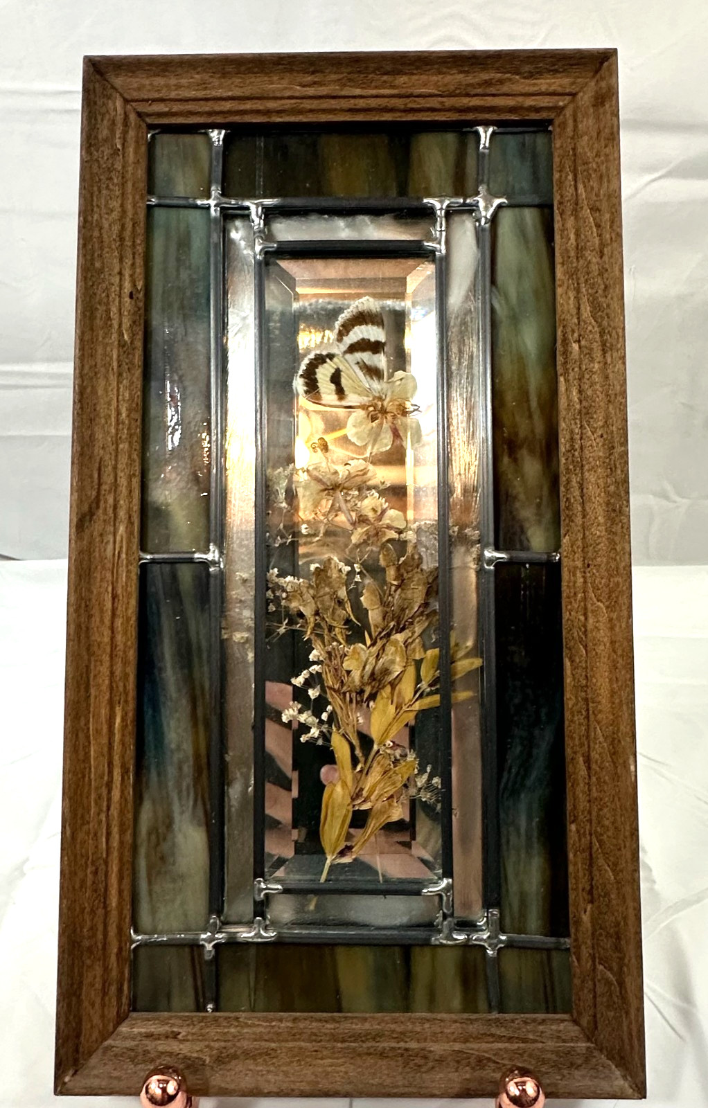 Vintage 1970s Stained Glass Pressed Flower & Butterfly Taxidermy Shadow Box