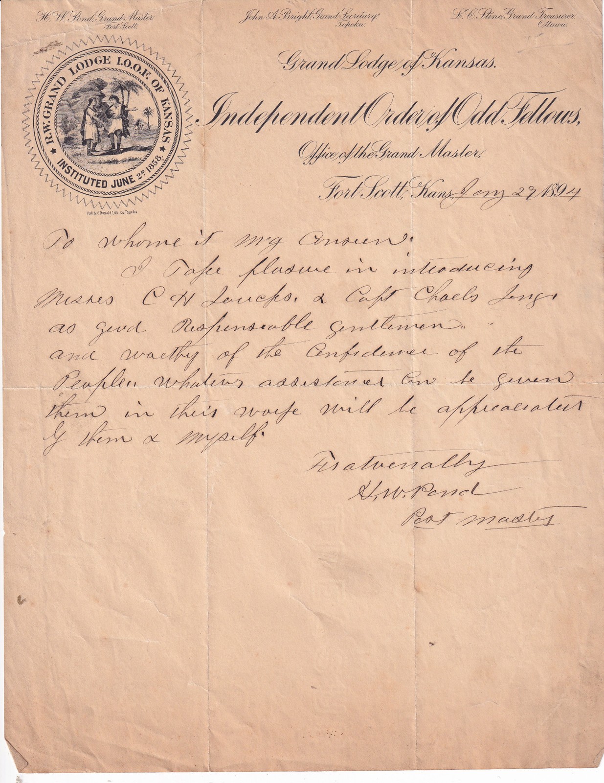 1894 IOOF Odd Fellows Lodge Fort Scott Kansas Letter