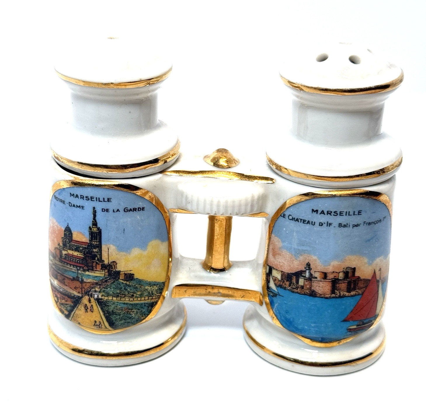 Antique Binoculars MARSEILLE FRANCE Souvenir Gold Salt and Pepper Shakers