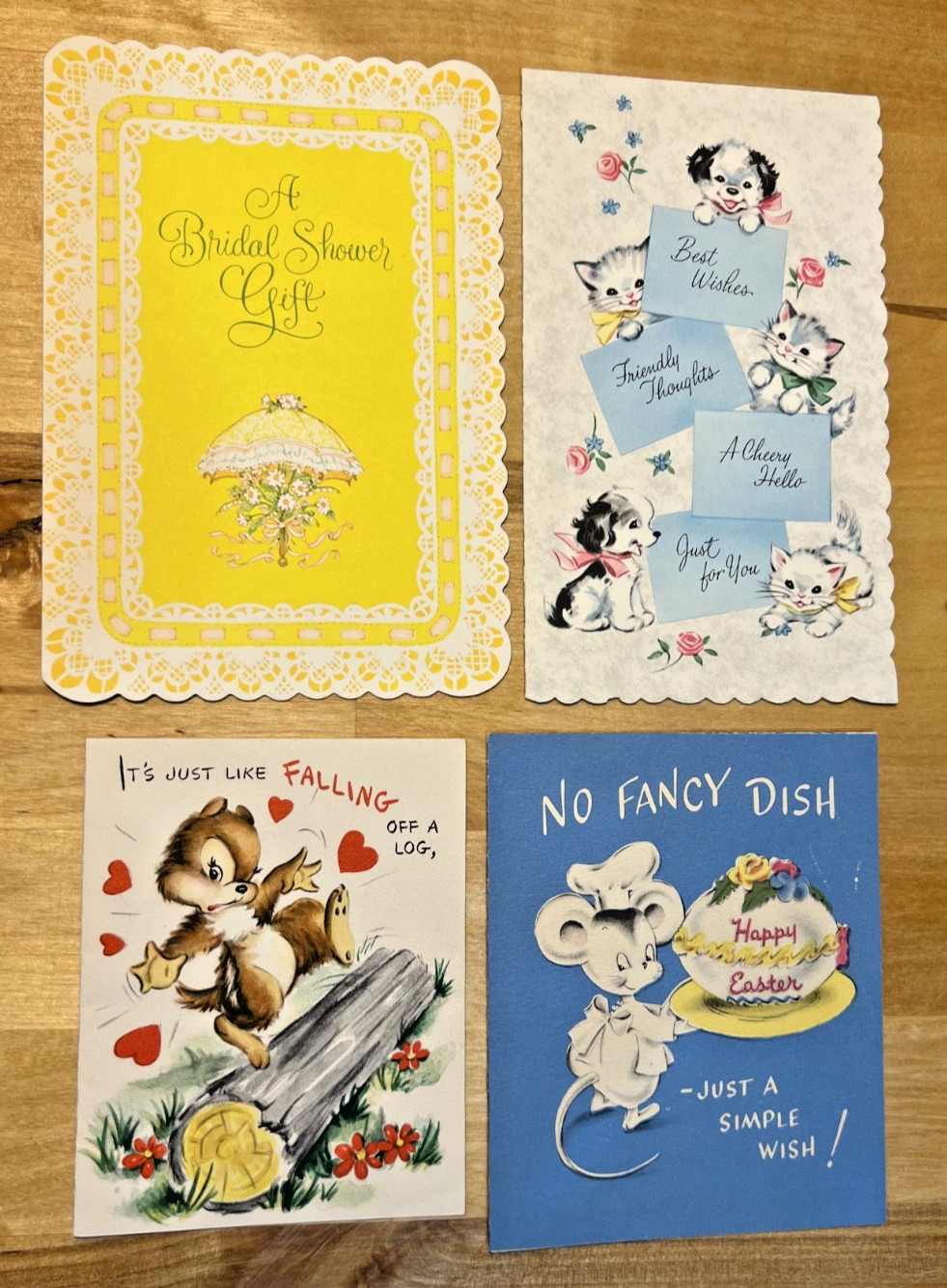Set of 4 Assorted Midcentury Vintage Greeting Cards, Valentine, Easter, Etc.