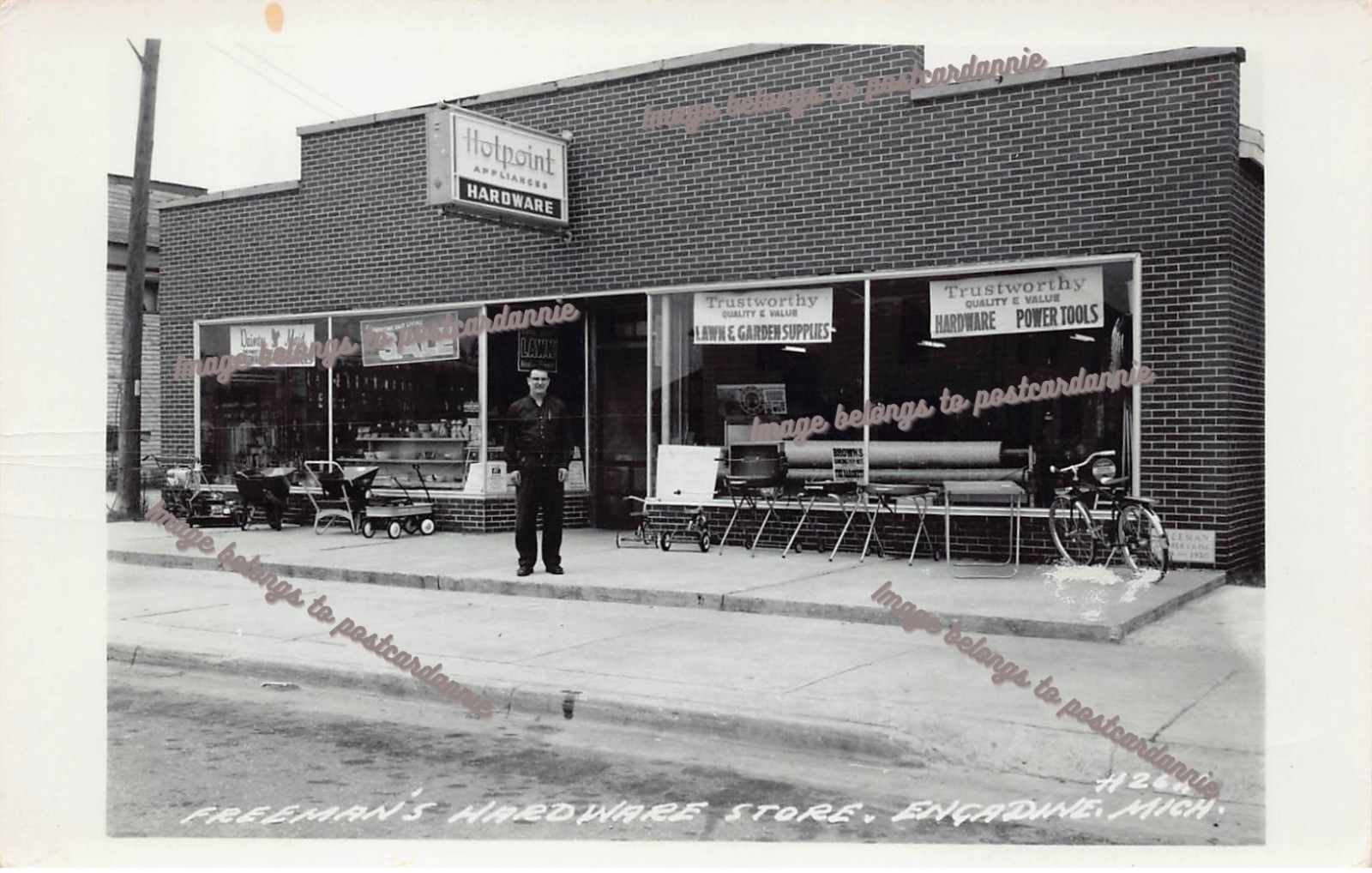 RPPC Engadine Michigan Freeman's Hardware Store Main Street Photo Postcard A50