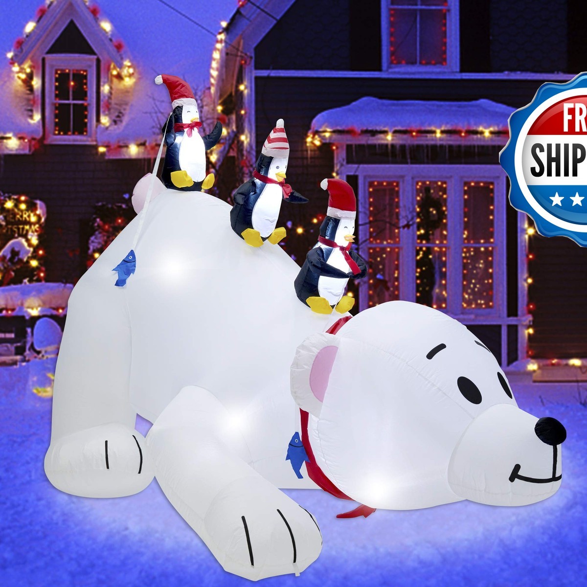 Juegoal Christmas Inflatable Polar Bear with 3 Penguins 7.7\' x 6\' Lighted