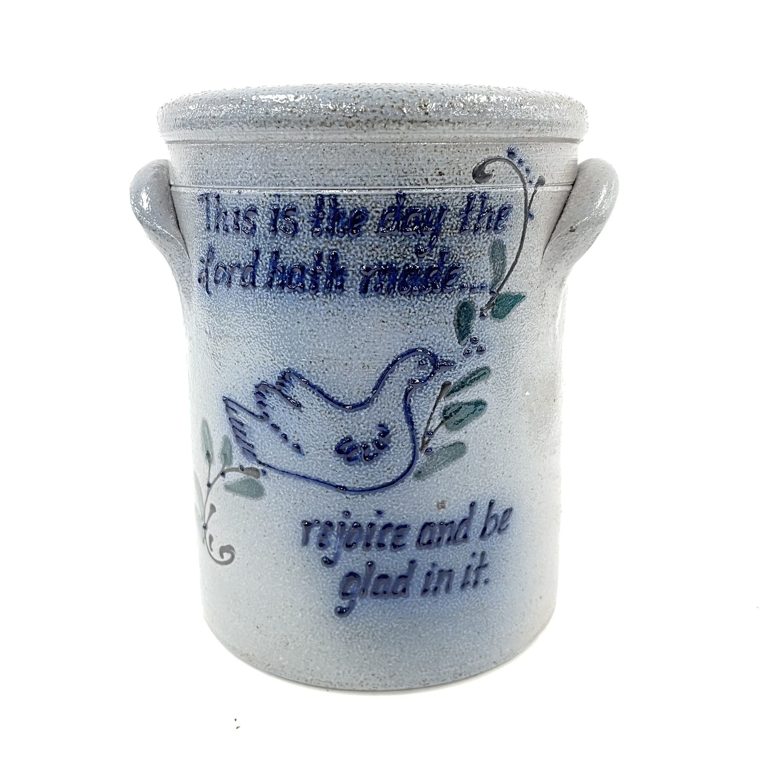 1993 Rockdale Union Stoneware Crock This Is The Day The Lord Hath Made Blue Bird