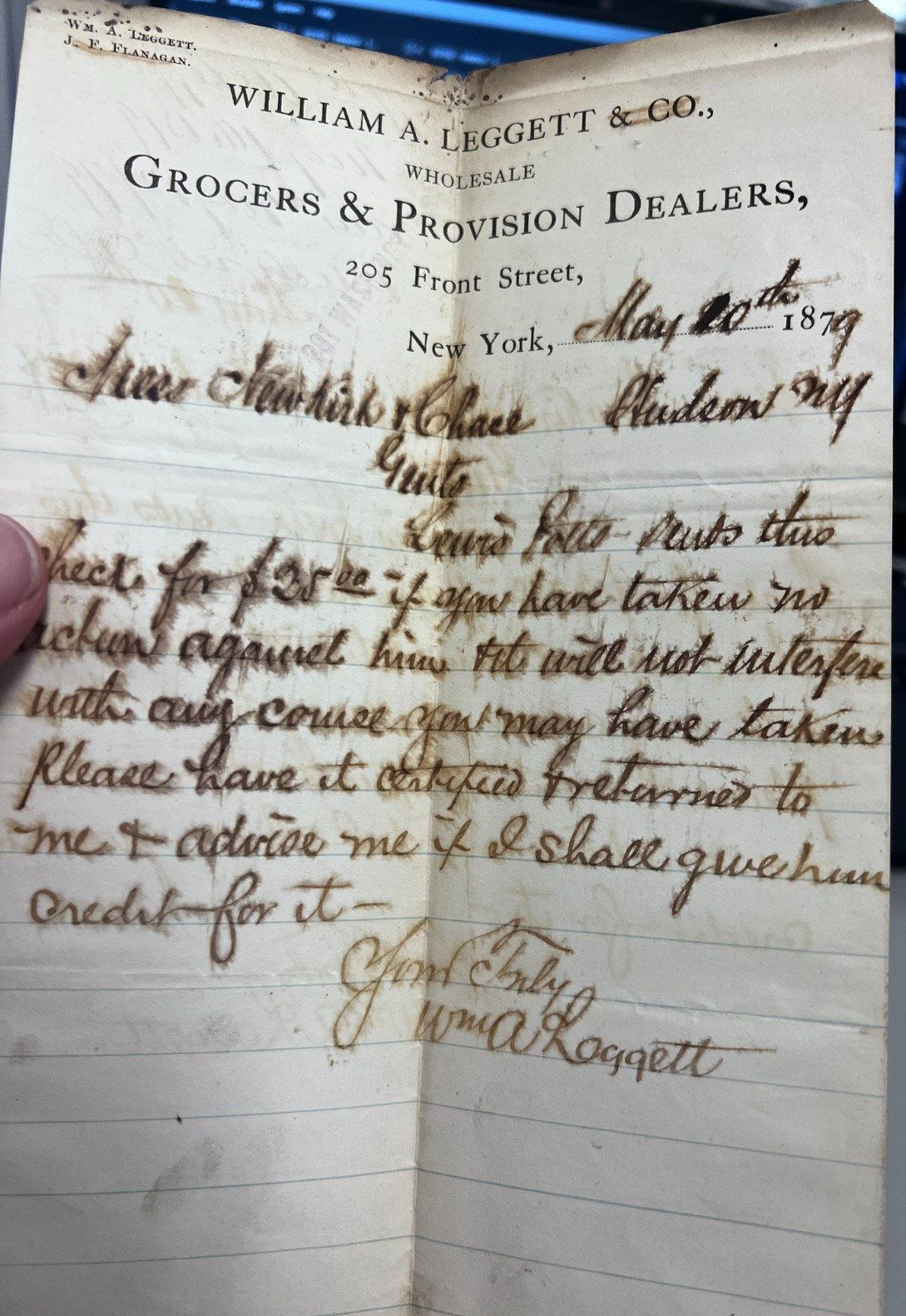 1879 New York William Leggett Grocer Provision Letterhead Signed Legal Letter