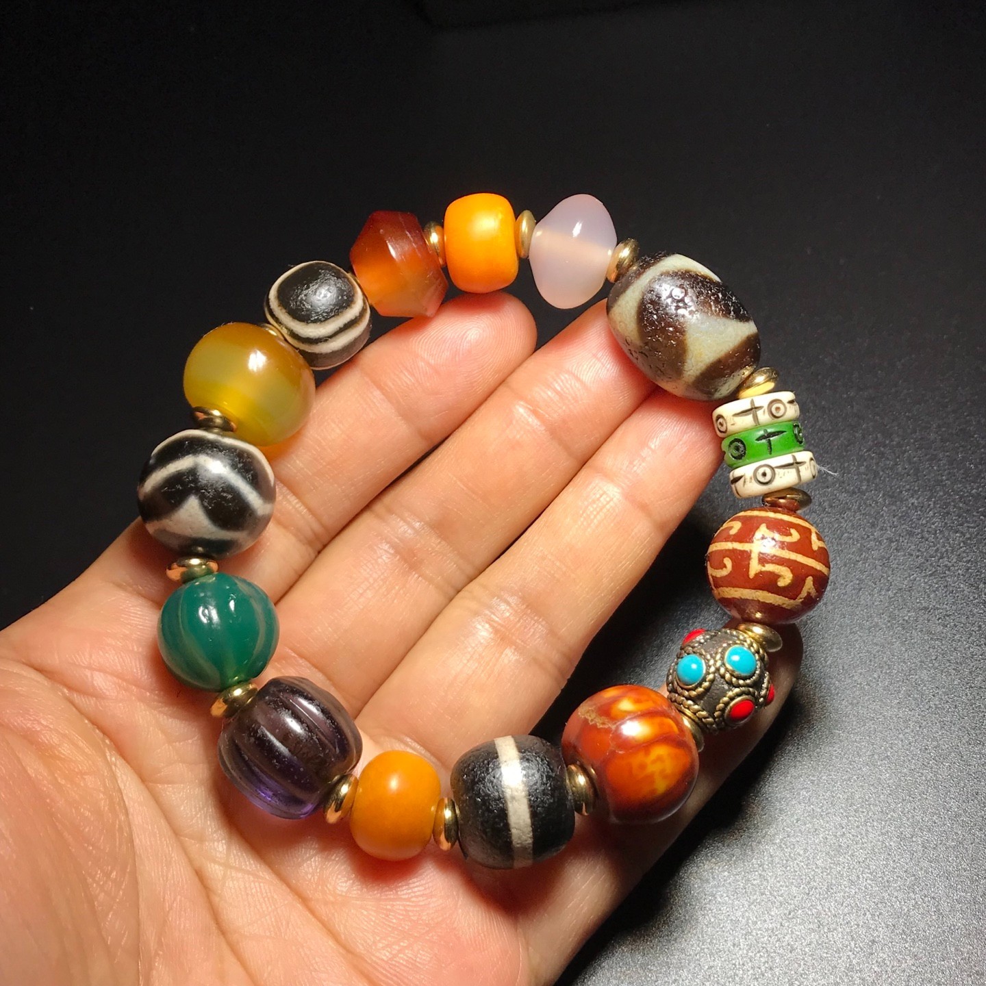 Handmade Old Agate Dzi Beads Bracelet Amulet Hand String Elastic Rope 14×19mm