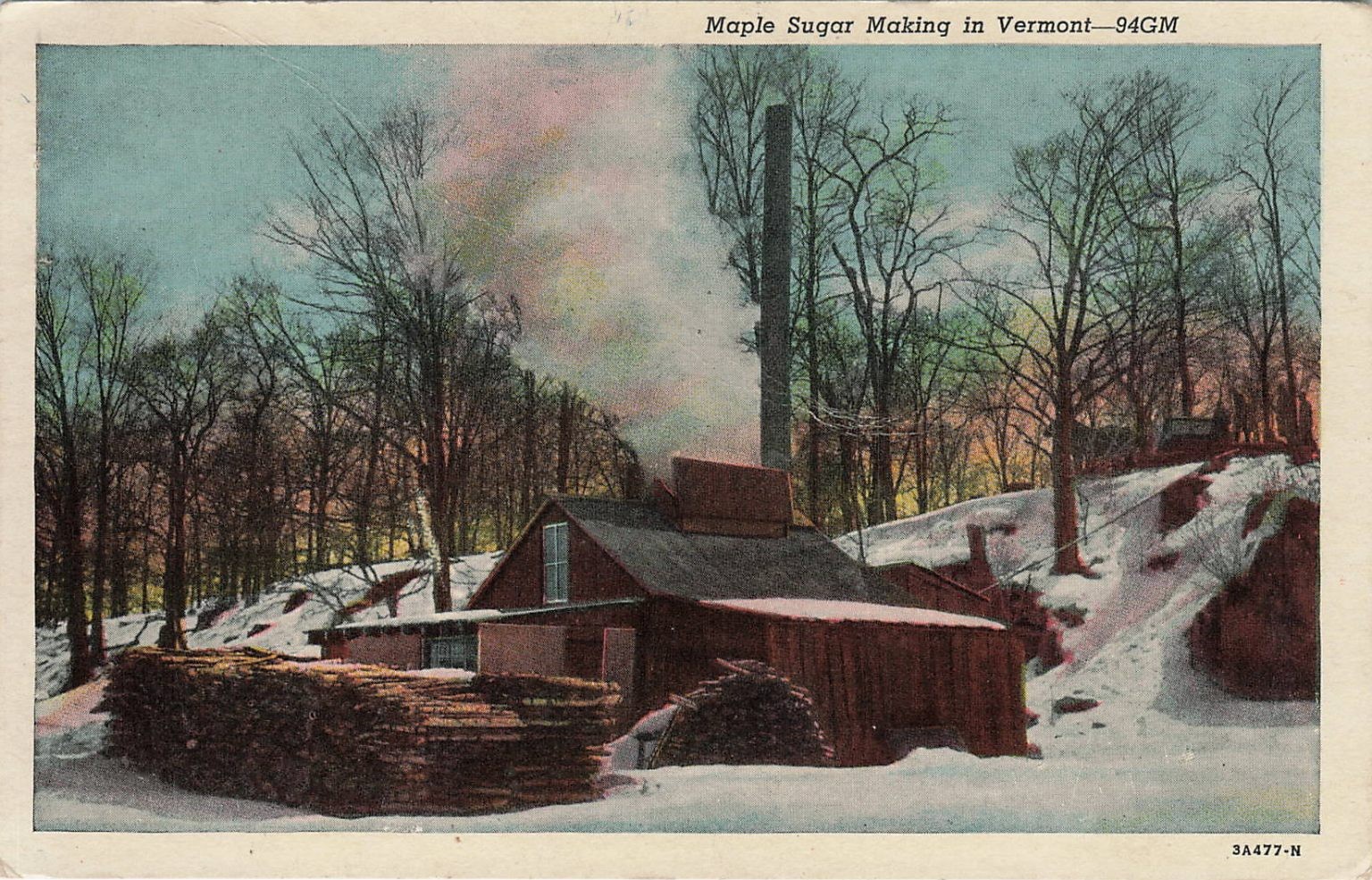 VT Maple Sugar Making Vintage Postcard C.T. American Art 1956 Postmark