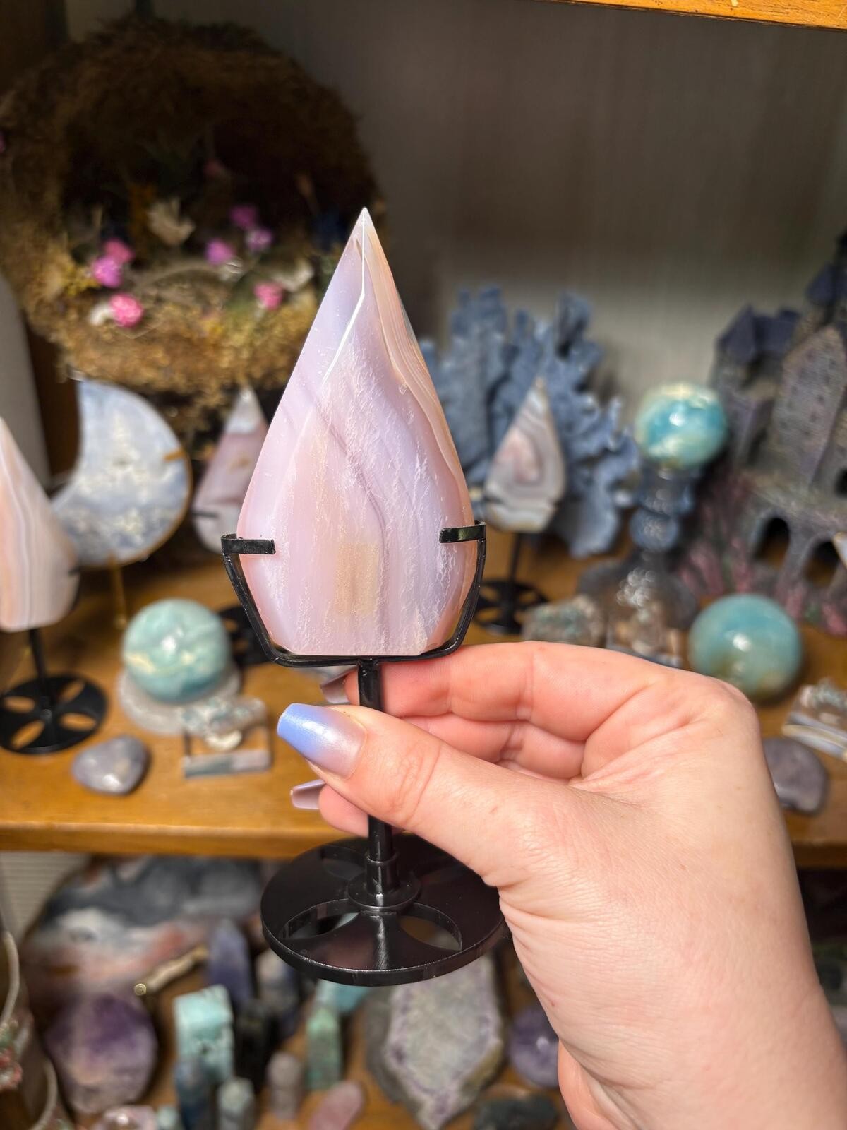 Blush Jelly Agate Flame with Stand | Banded Chalcedony | Pink Cream Agate