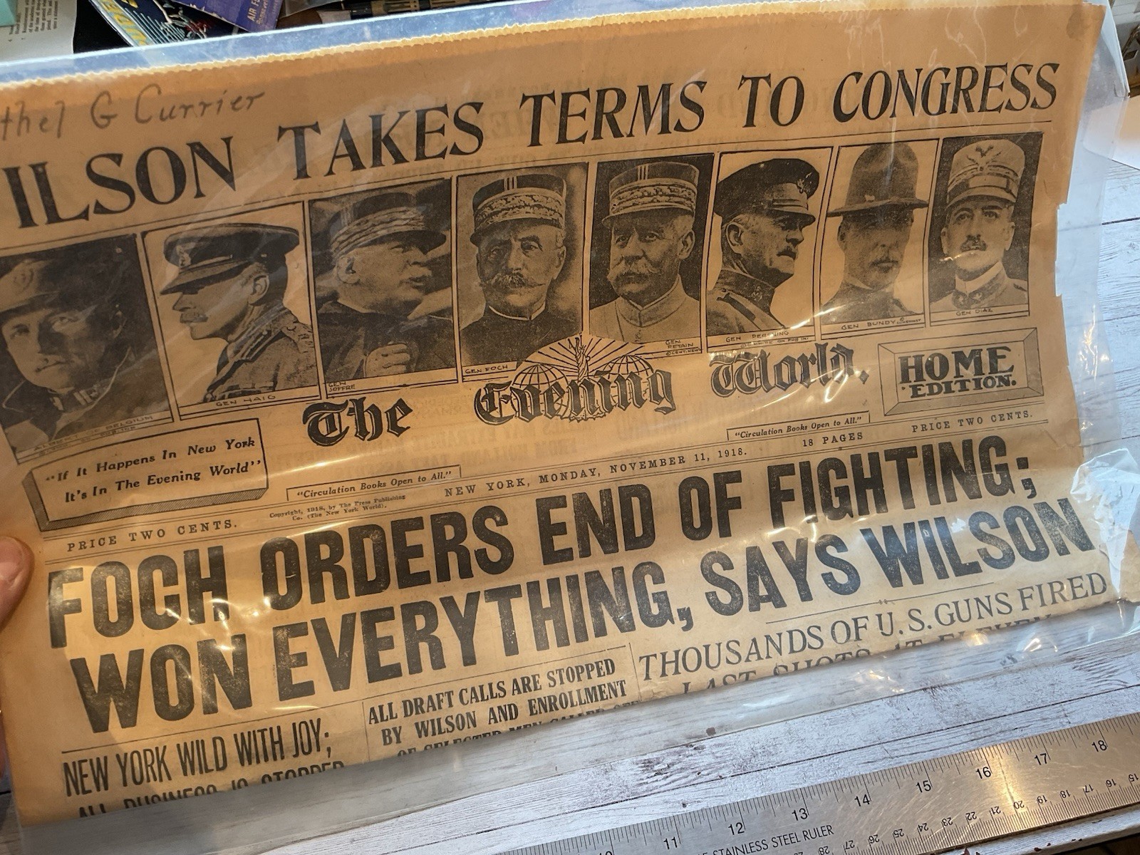 ORIGINAL 11/11/1918 NEW YORK EVENING WORLD END OF WWI HEADLINE NEWSPAPER