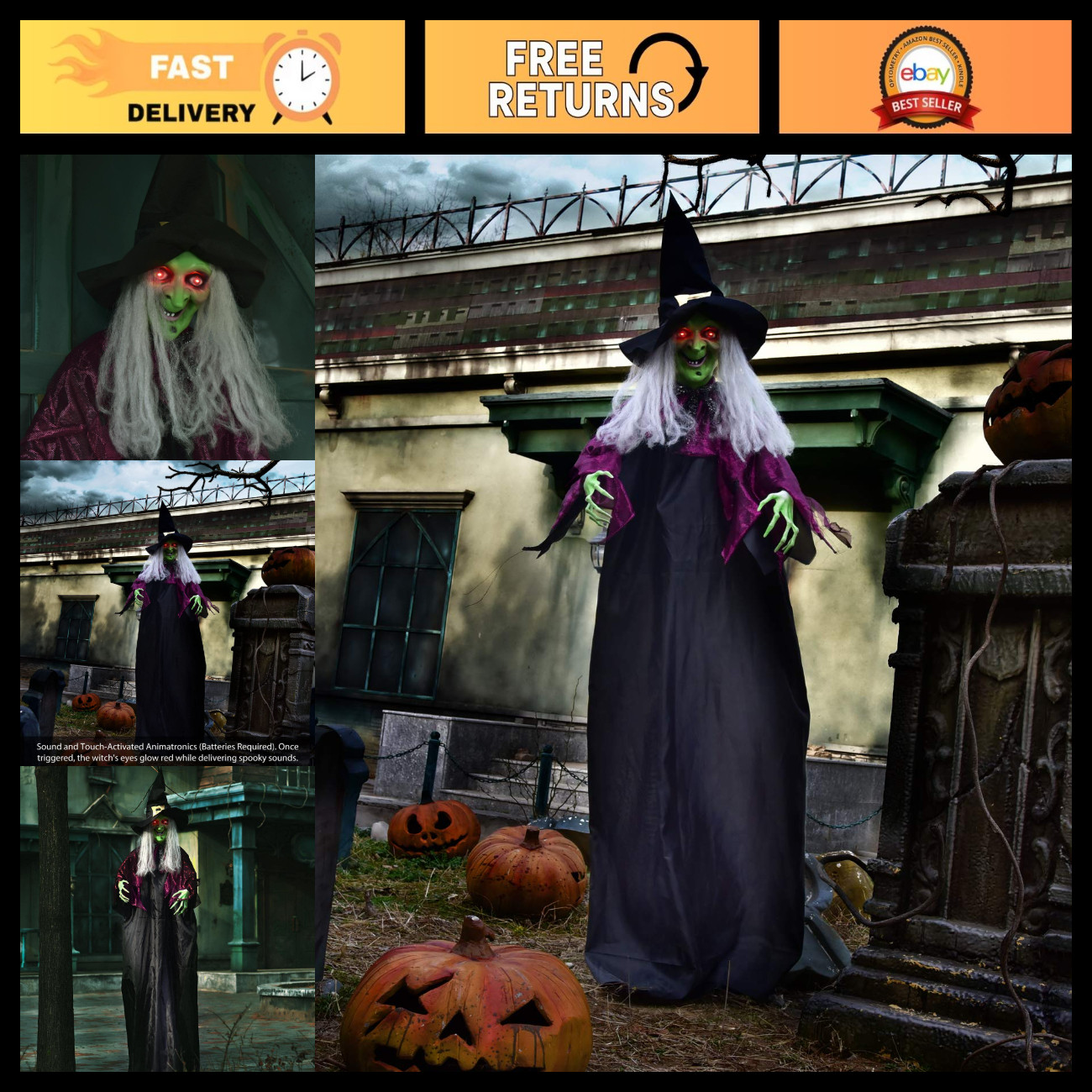 72” Halloween Decorations - Hanging Animatronic Witch Eyes for Haunted House Pro