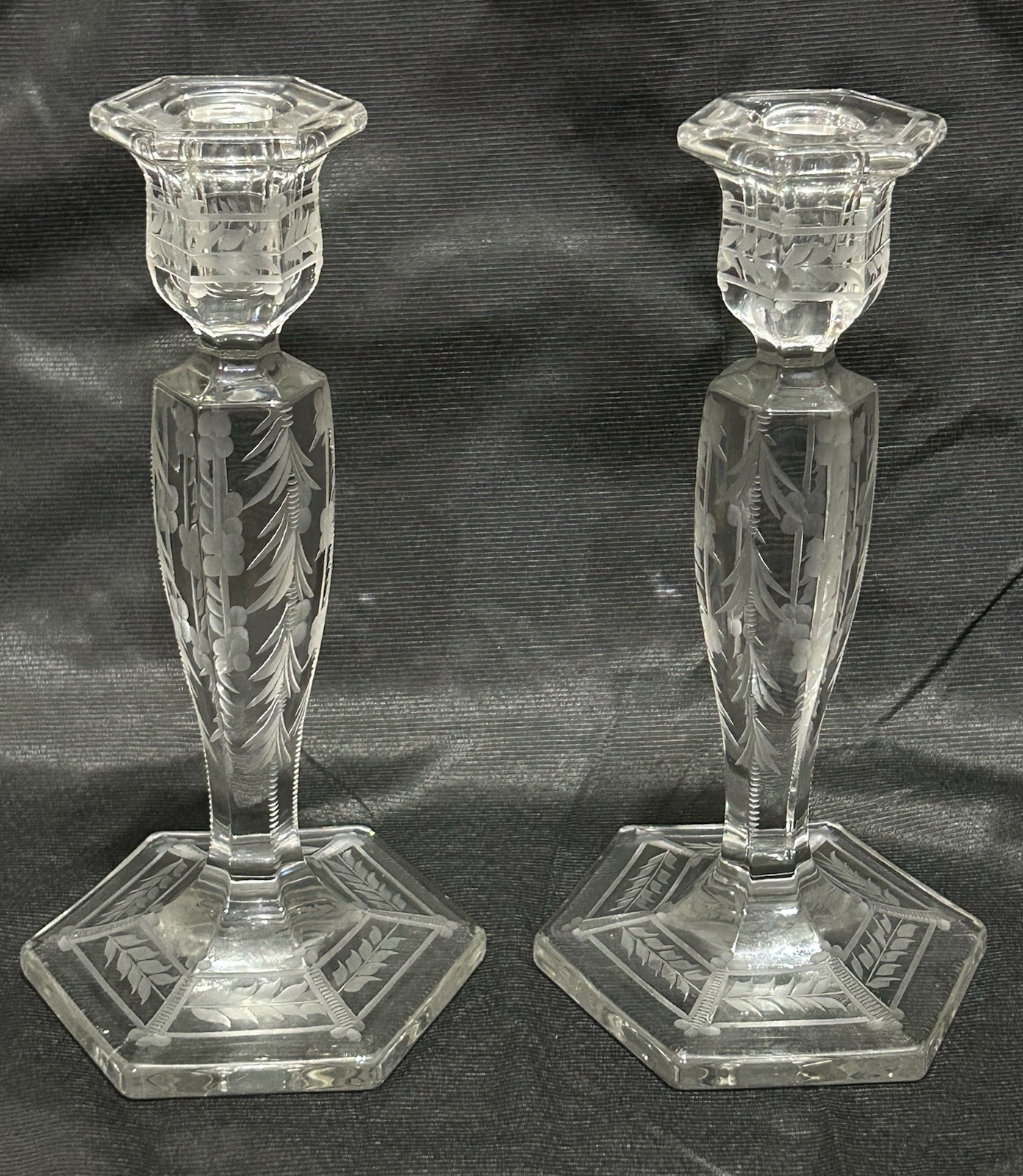 2 (1-pair) Antique Hawkes 9 1/2”  Engraved Crystal Candlestick Holders-See Pics