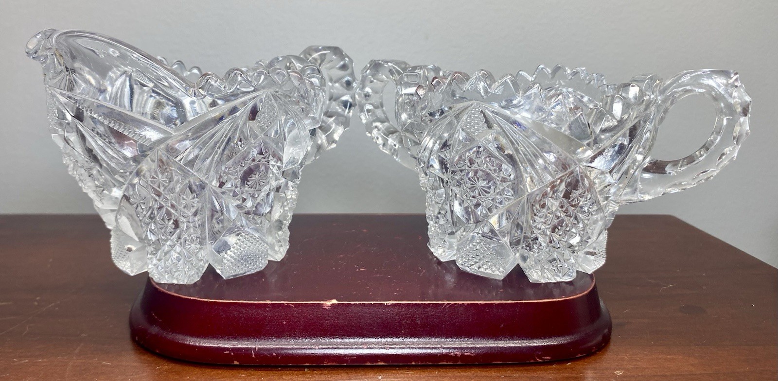 ATQ  c1911 EAPG Imperial NuCut Star & Cane Sawtooth Rim Sugar & Creamer Signed