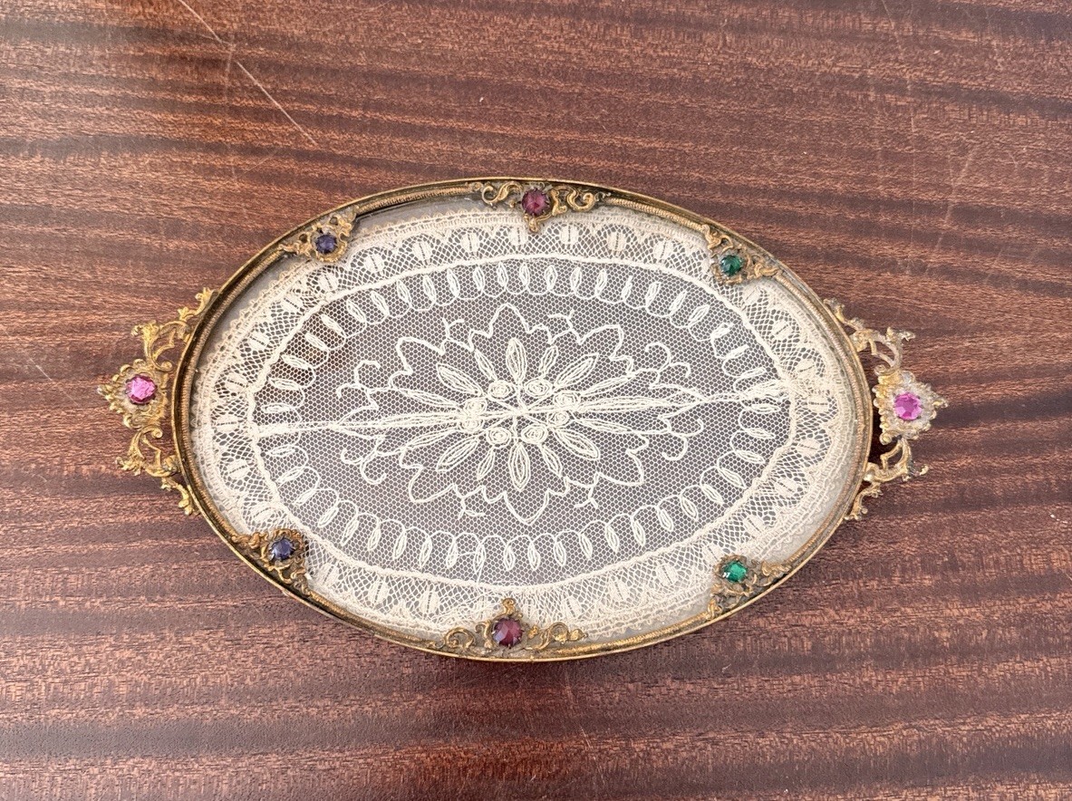 Antique Apollo Studios Jeweled Vanity Tray W/ Lace Insert 10”